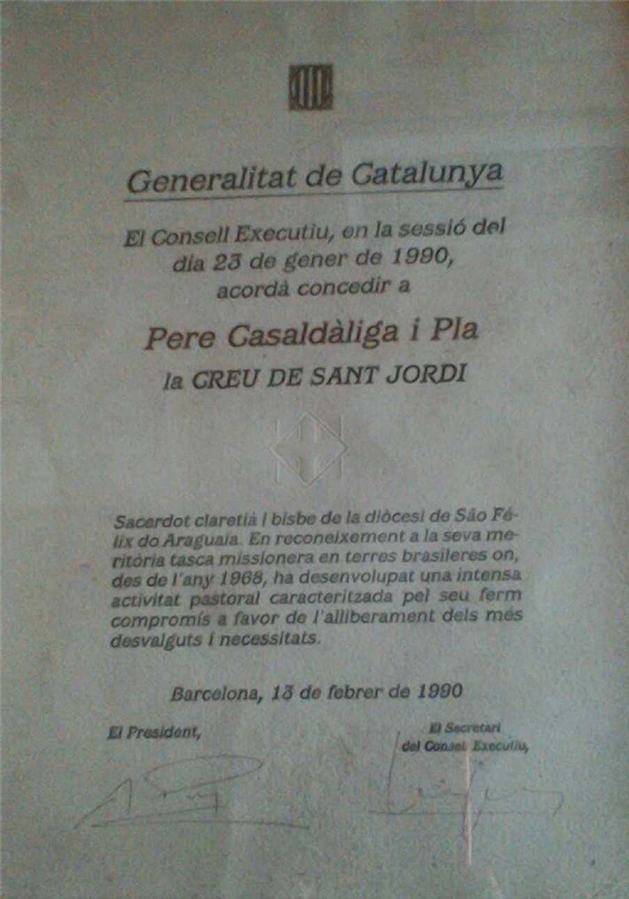 Creu de Sant Jordi concedida a Casaldàliga