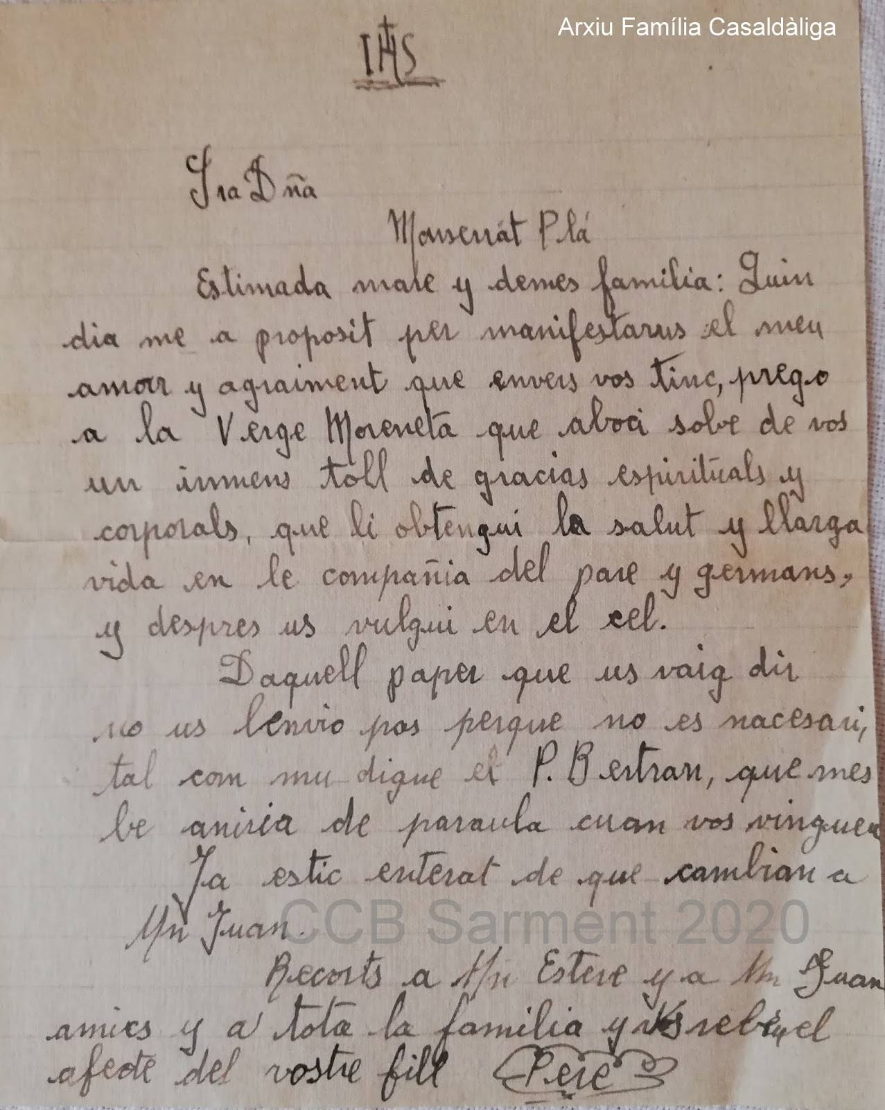 Carta que en Pere Casaldàliga envià a la seva família des del seminari 
