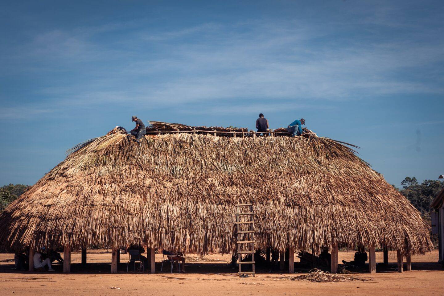 Hombres utilizan fibra de buriti en la construcción del nuevo pueblo de Khikatxi